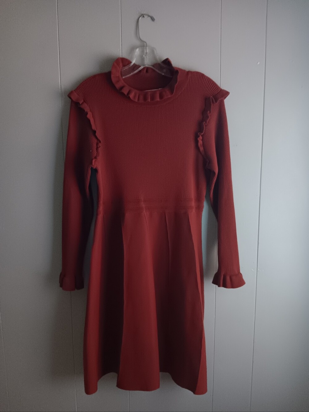 Hailey Lyn Ribbed Ruffle Long-Sleeve Dress in Deep Red PL - Picture 3 of 5